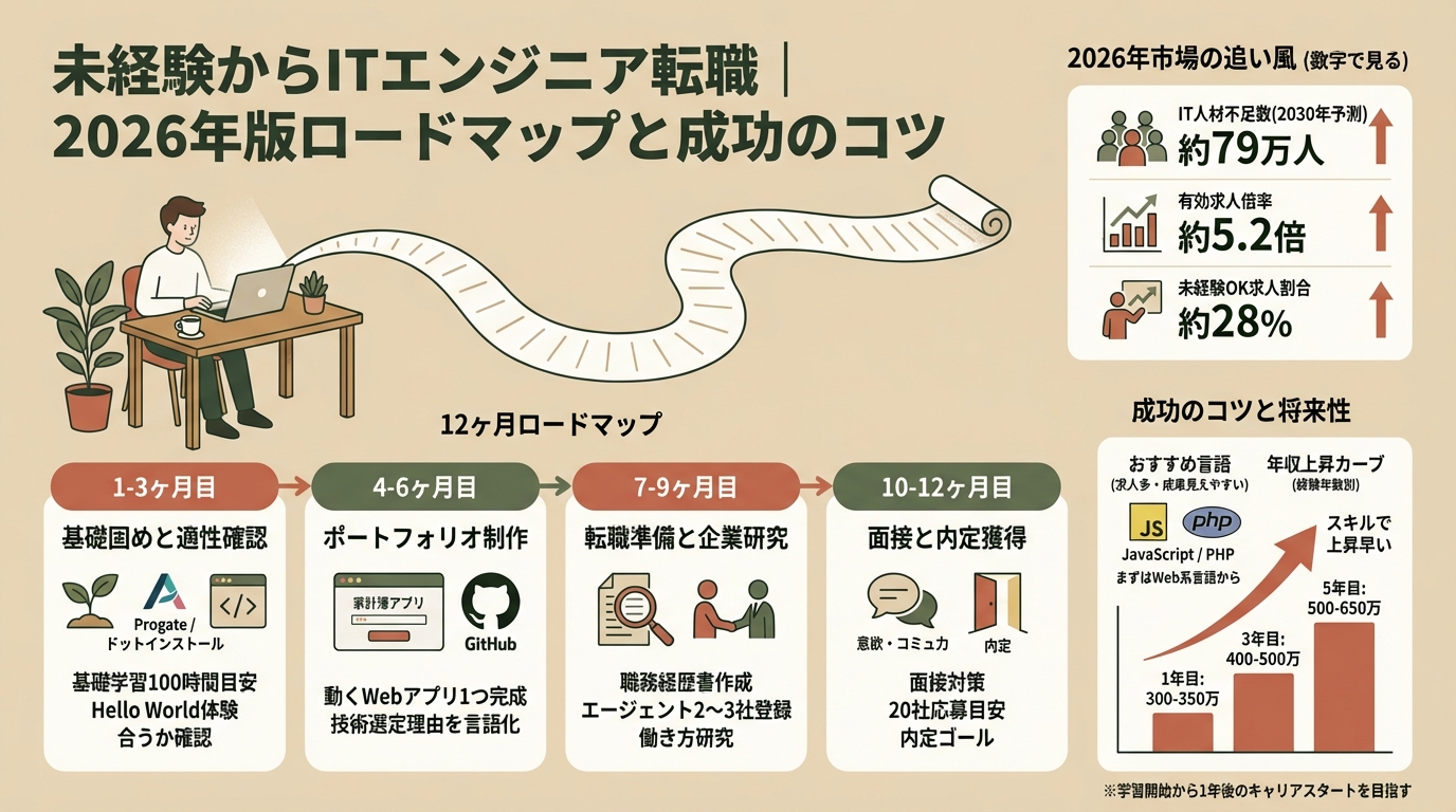 未経験からITエンジニア転職｜2026年版ロードマップと成功のコツ アイキャッチ（PC用）