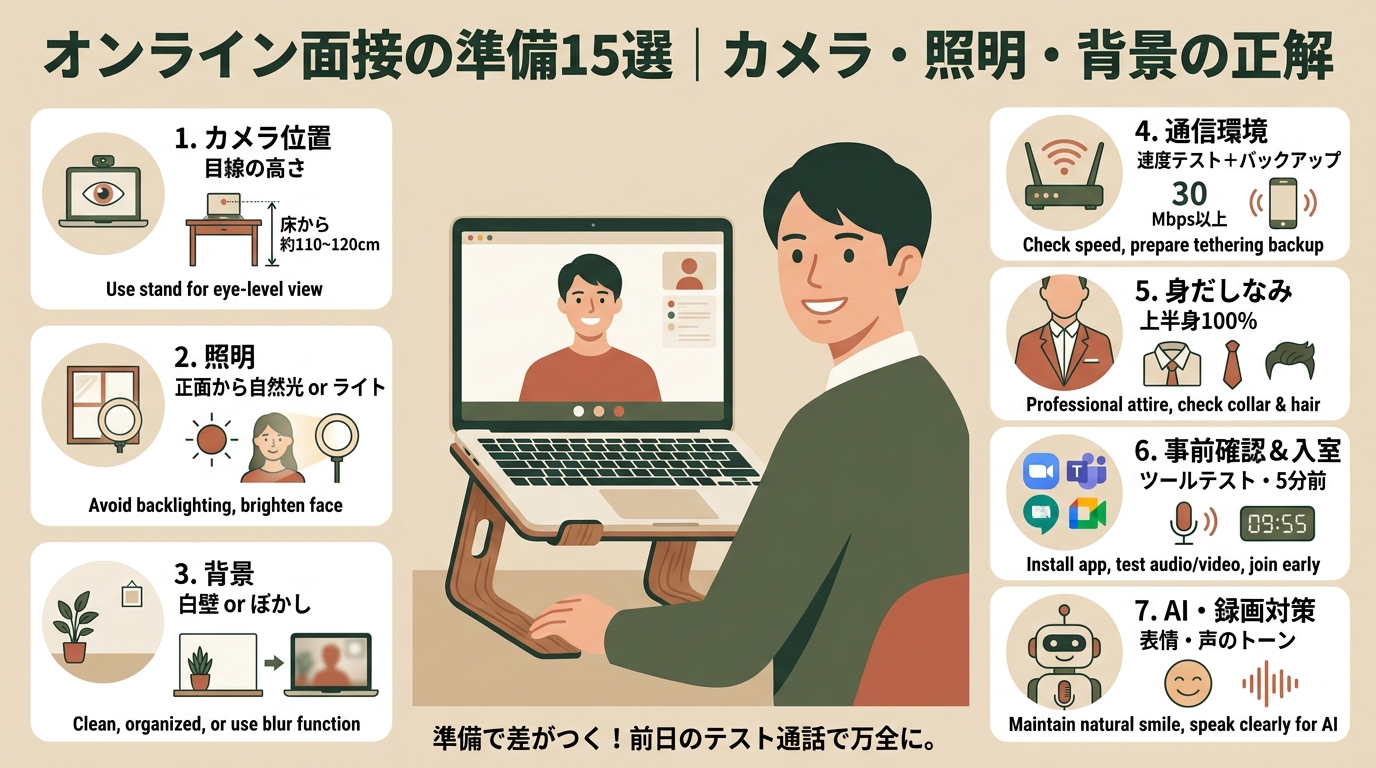 オンライン面接の準備15選｜カメラ・照明・背景の正解 アイキャッチ（PC用）