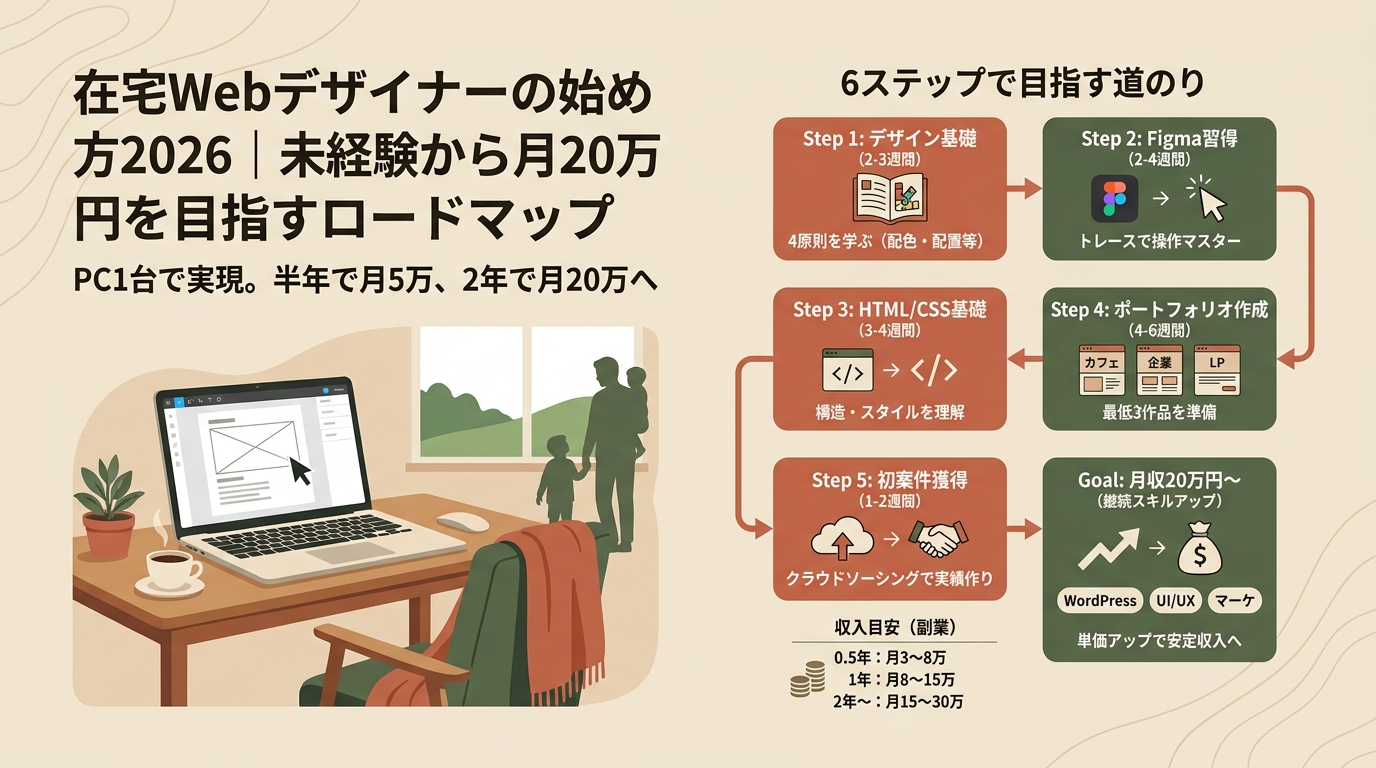 在宅Webデザイナーの始め方2026｜未経験から月20万円を目指すロードマップ アイキャッチ（PC用）
