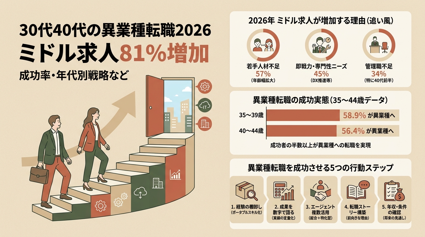 30代40代の異業種転職2026 ミドル求人81%増加・成功率・年代別戦略など アイキャッチ（PC用）