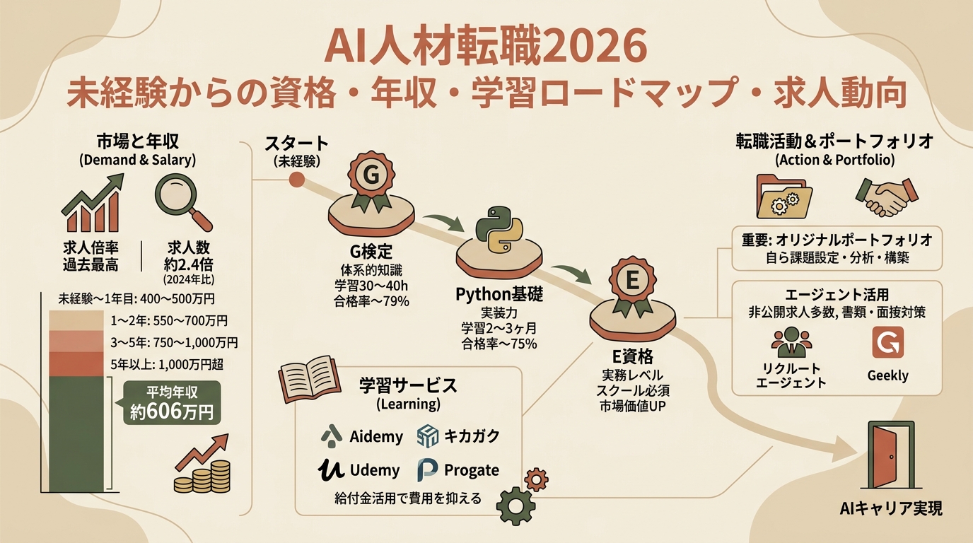 AI人材転職2026 未経験からの資格・年収・学習ロードマップ・求人動向など アイキャッチ（PC用）