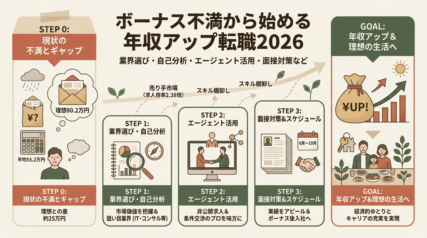 ボーナス不満から始める年収アップ転職2026 業界選び・自己分析・エージェント活用・面接対策など アイキャッチ（PC用）
