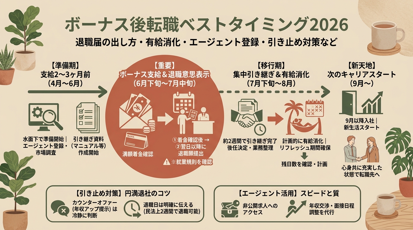 ボーナス後転職ベストタイミング2026 退職届の出し方・有給消化・エージェント登録・引き止め対策など アイキャッチ（PC用）