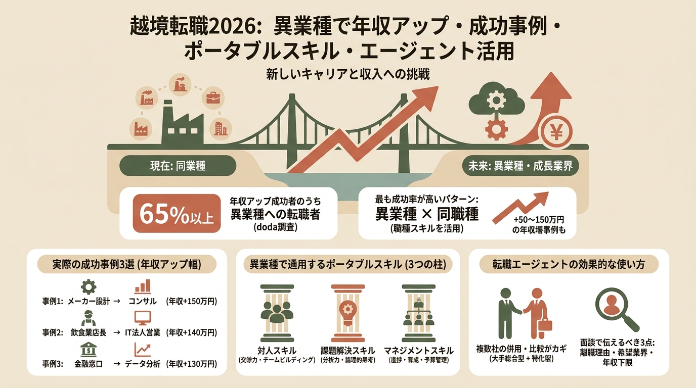 越境転職2026 異業種で年収アップ・成功事例・ポータブルスキル・エージェント活用など アイキャッチ（PC用）