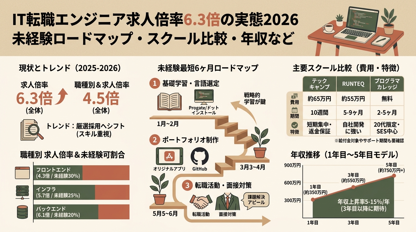 IT転職エンジニア求人倍率6.3倍の実態2026 未経験ロードマップ・スクール比較・年収など アイキャッチ（PC用）
