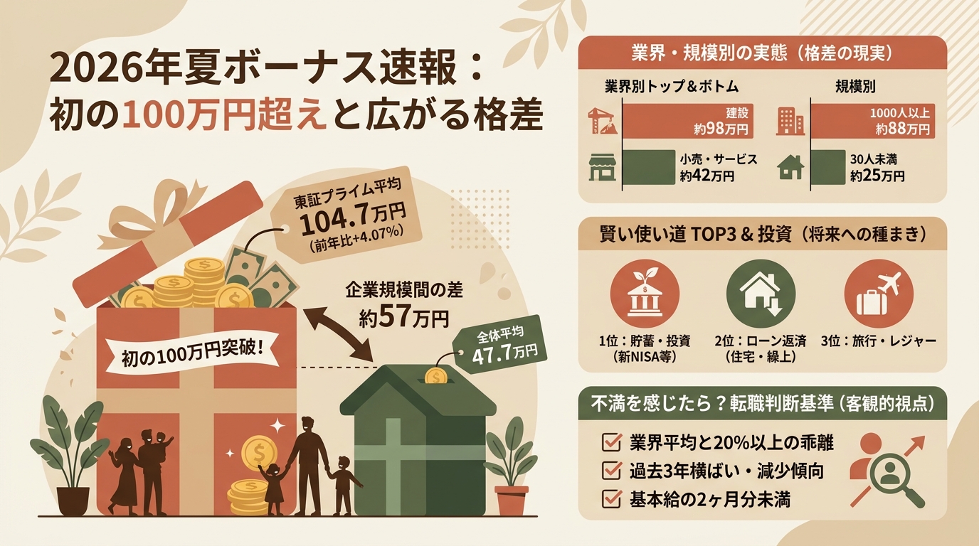 夏ボーナス2026速報 平均額初の100万円超え・業界別格差・使い道・転職判断など アイキャッチ（PC用）