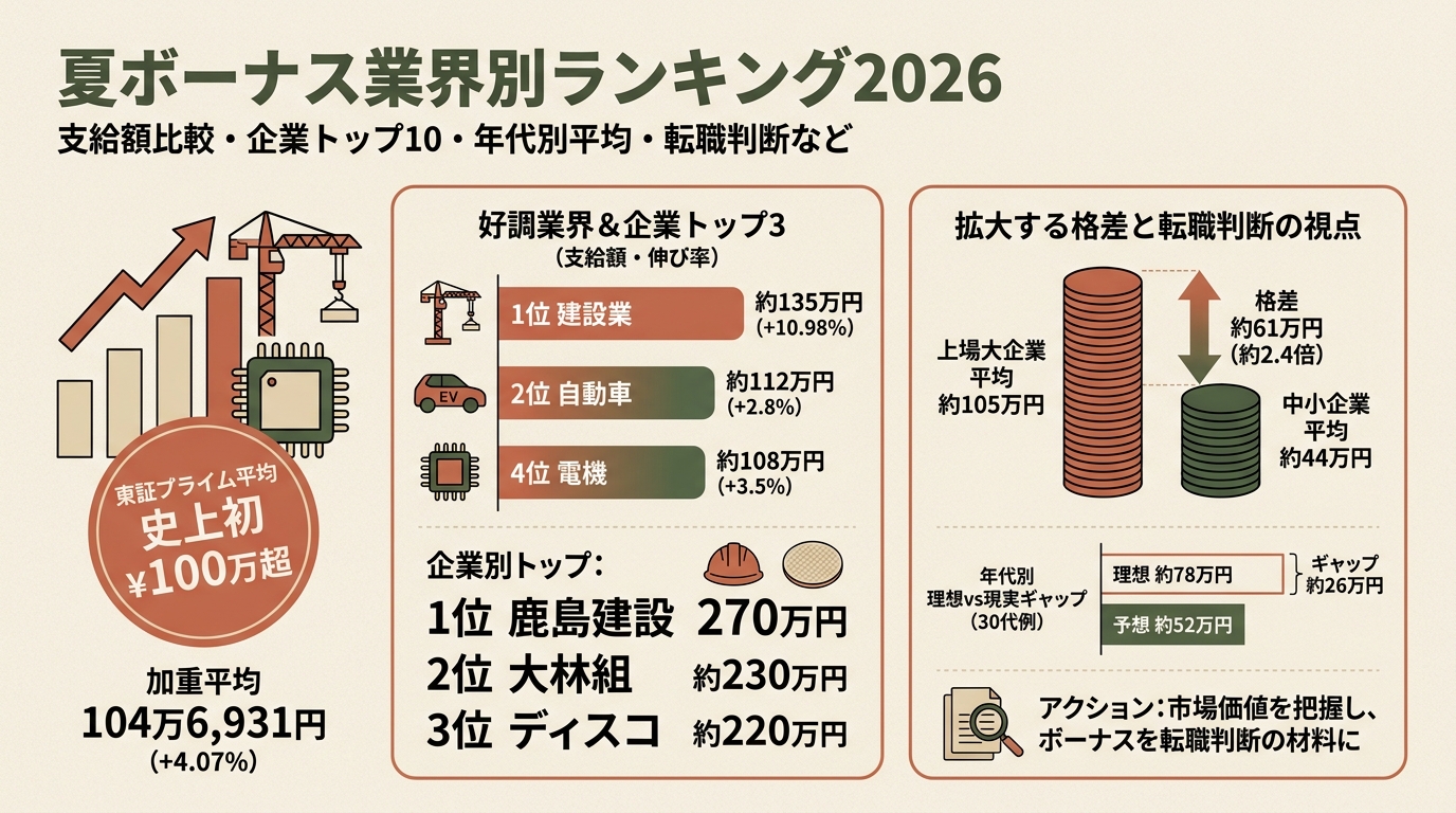 夏ボーナス業界別ランキング2026 支給額比較・企業トップ10・年代別平均・転職判断など アイキャッチ（PC用）