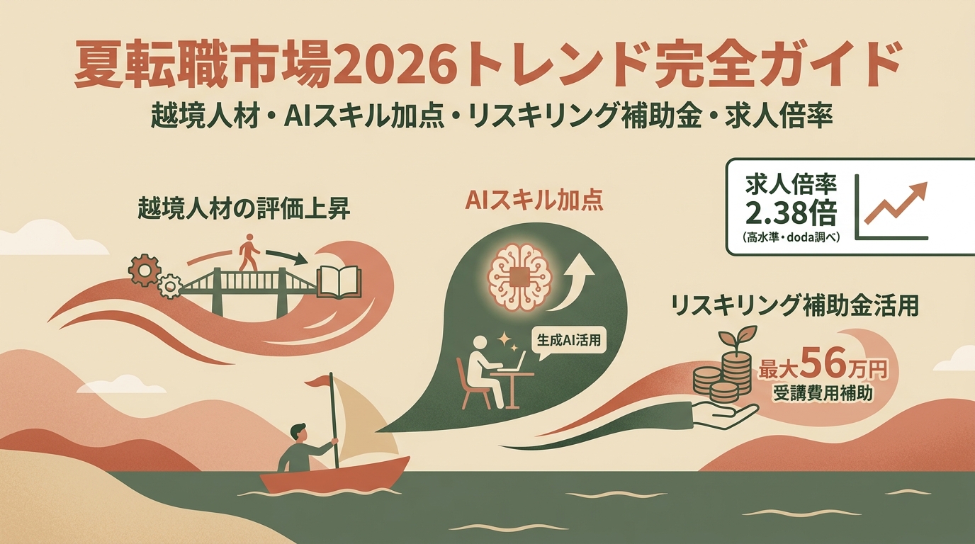 夏転職市場2026トレンド完全ガイド 越境人材・AIスキル加点・リスキリング補助金・求人倍率など アイキャッチ（PC用）