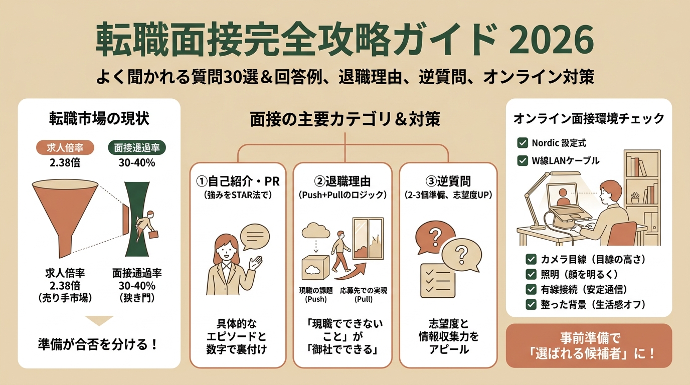 転職面接でよく聞かれる質問30選と回答例2026 退職理由・自己PR・逆質問・オンライン対策など アイキャッチ（PC用）
